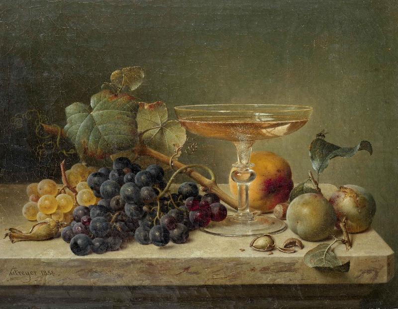 Johann Wilhelm Preyer nuts and a glass on a marble ledge Germany oil painting art